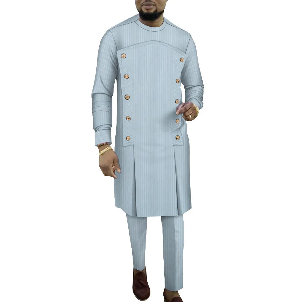 African striped cotton lounge set for men with long sleeve top and trousers