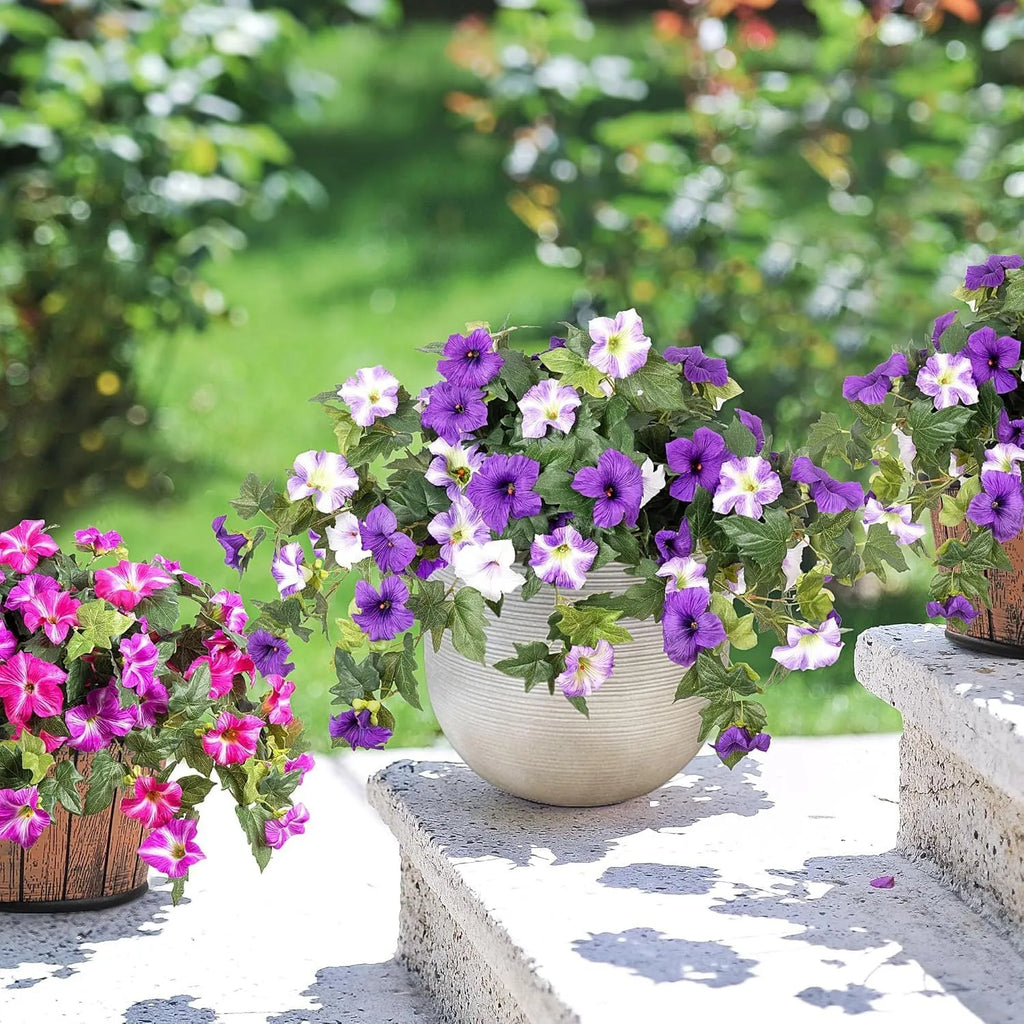 Plastic garden flower container with 12 forks and silk flower in purple colour