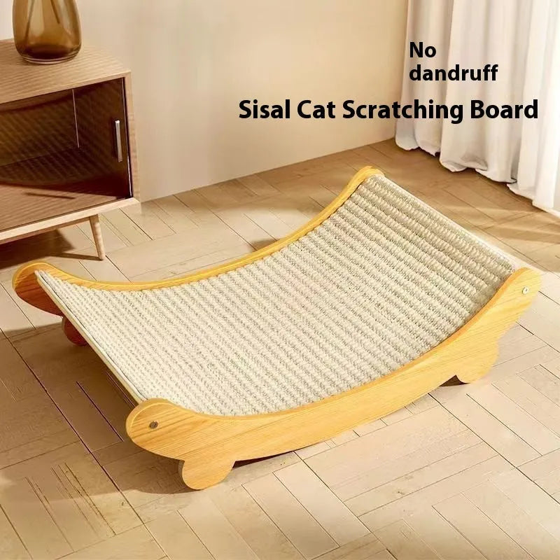 A pastoral-style sisal cat scratch board shown in two available sizes on a wooden floor.