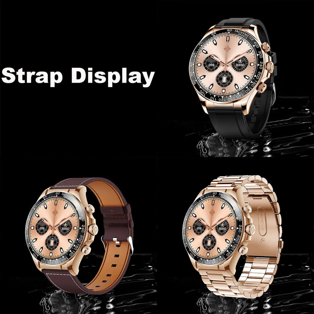 Round screen EX108 smart watch with Bluetooth calling, IPS display and three silicone watchbands in black, silver or rose gold.
