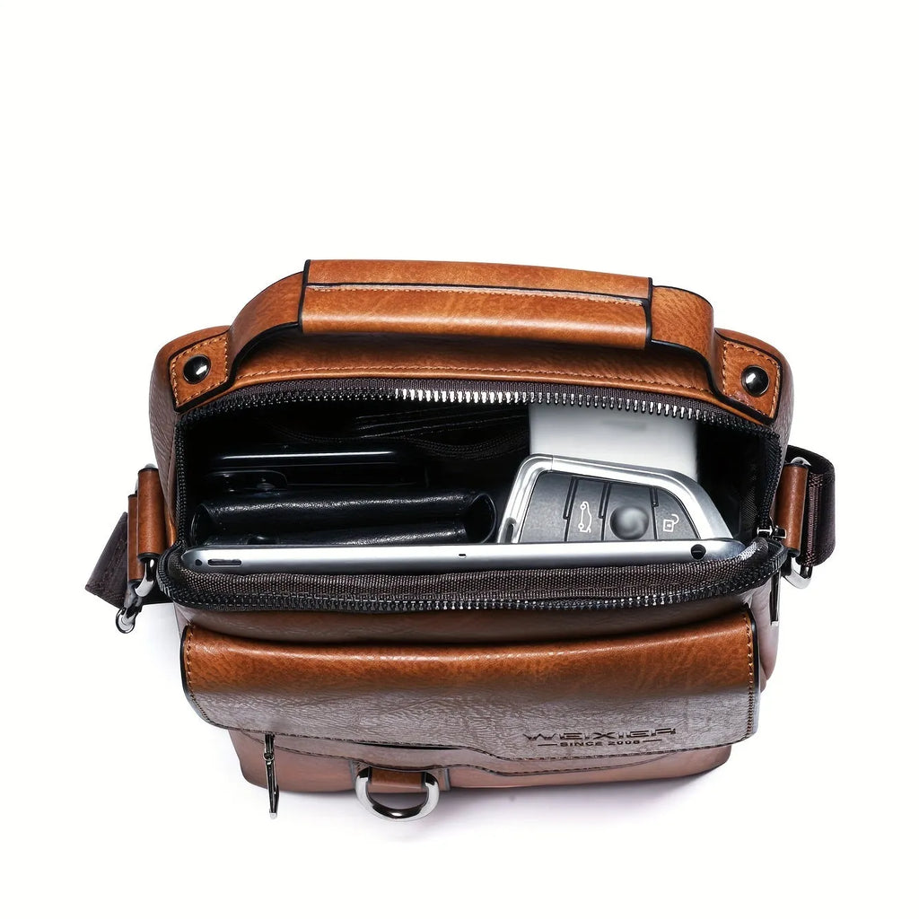 Brown men's PU leather crossbody shoulder bag with adjustable strap, top handle, multiple pockets, and card holder wallet.