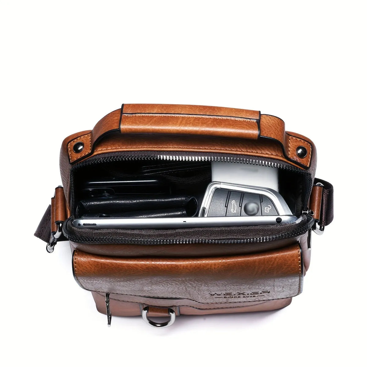 Brown men's PU leather crossbody shoulder bag with adjustable strap, top handle, multiple pockets, and card holder wallet.