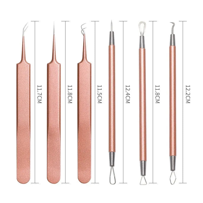 Six-piece stainless steel acne remover tool set in rose gold finish