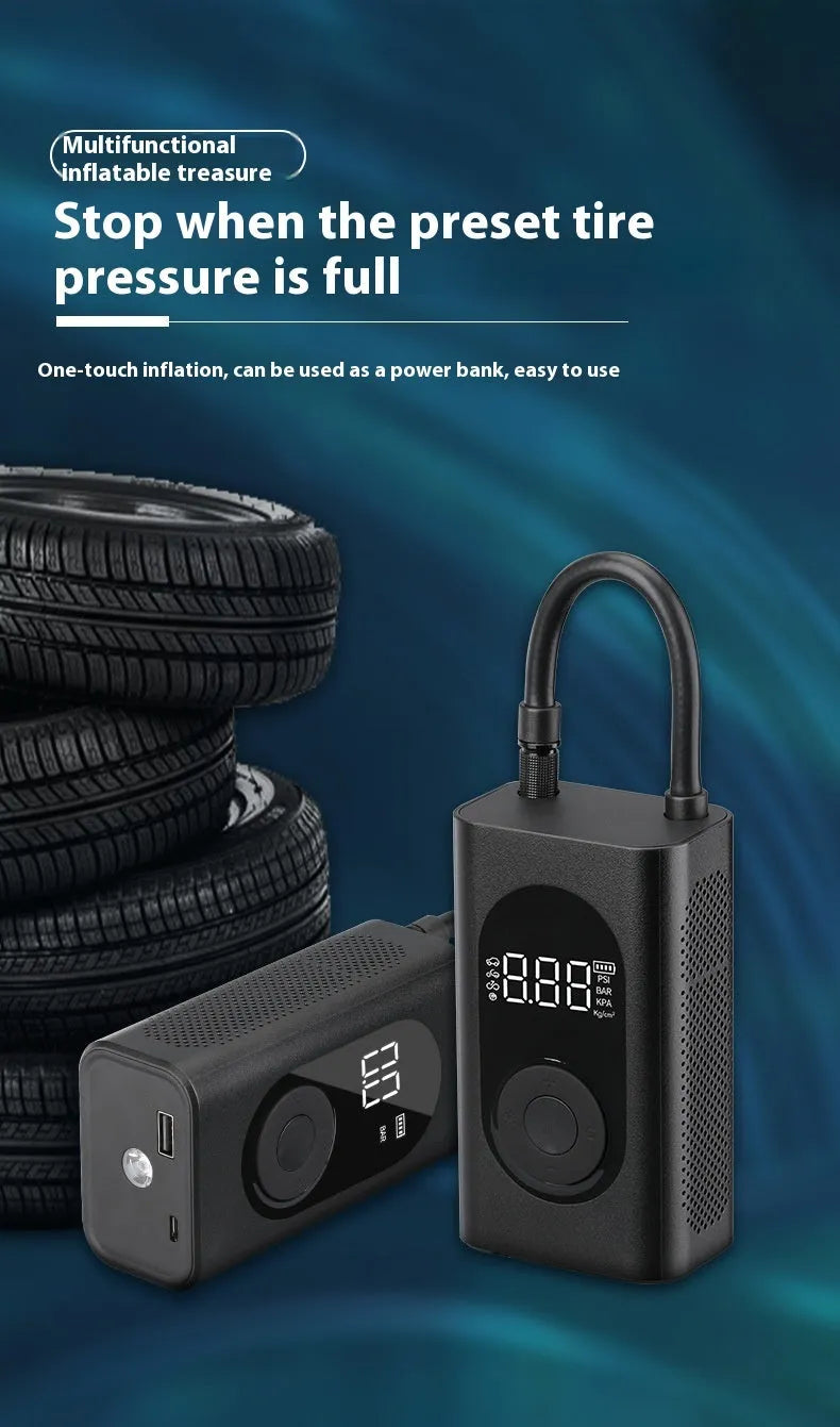 Portable wireless tyre pump with power bank and flashlight functions for multiple vehicles