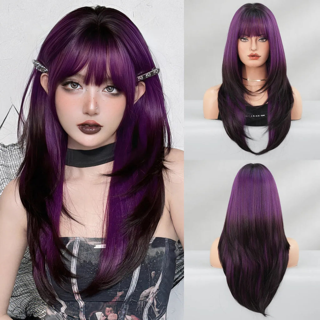 Vanilla green long straight women's wig with bangs made from domestic silk.