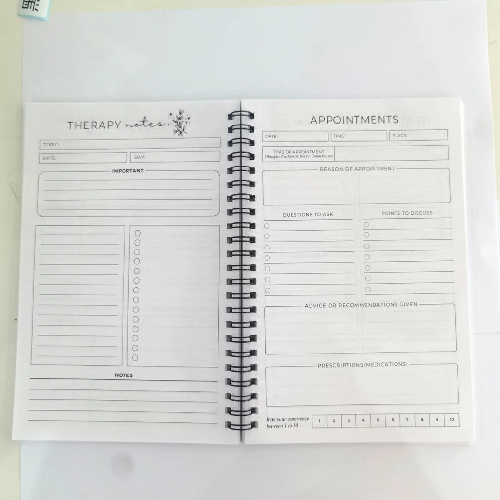 Pink paper cover coil-bound brain mental health notebook with 80g pages, open to blank pages