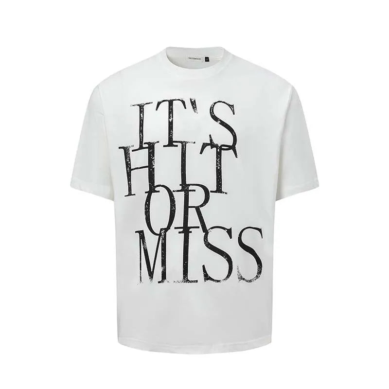 Men's loose fit blue t-shirt with white American retro letter print on the front.