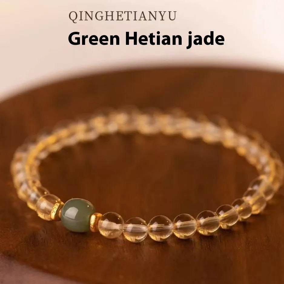 Handmade Putuo gold rutilated quartz bracelet with artificial crystal and pearl elements in Hotan Jade colours