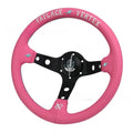 Pink leather steering wheel cover with lightning bolt embroidery and aluminium bracket, 13-inch diameter