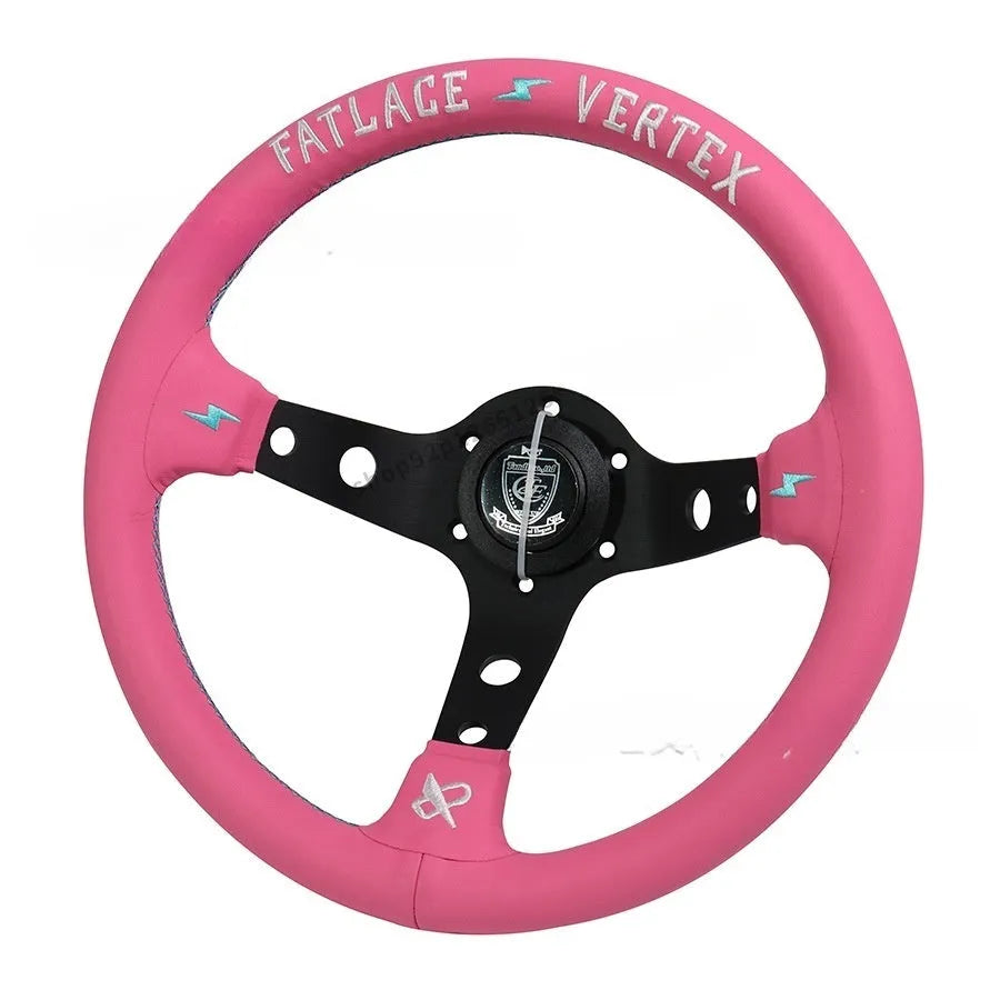 Pink leather steering wheel cover with lightning bolt embroidery and aluminium bracket, 13-inch diameter