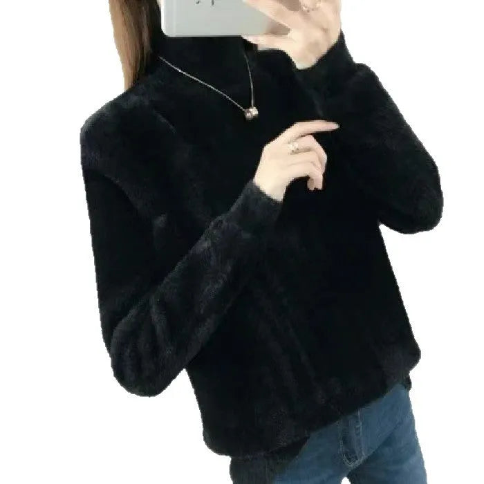 Women's half turtleneck solid color long sleeve bottoming shirt in black white commuting style