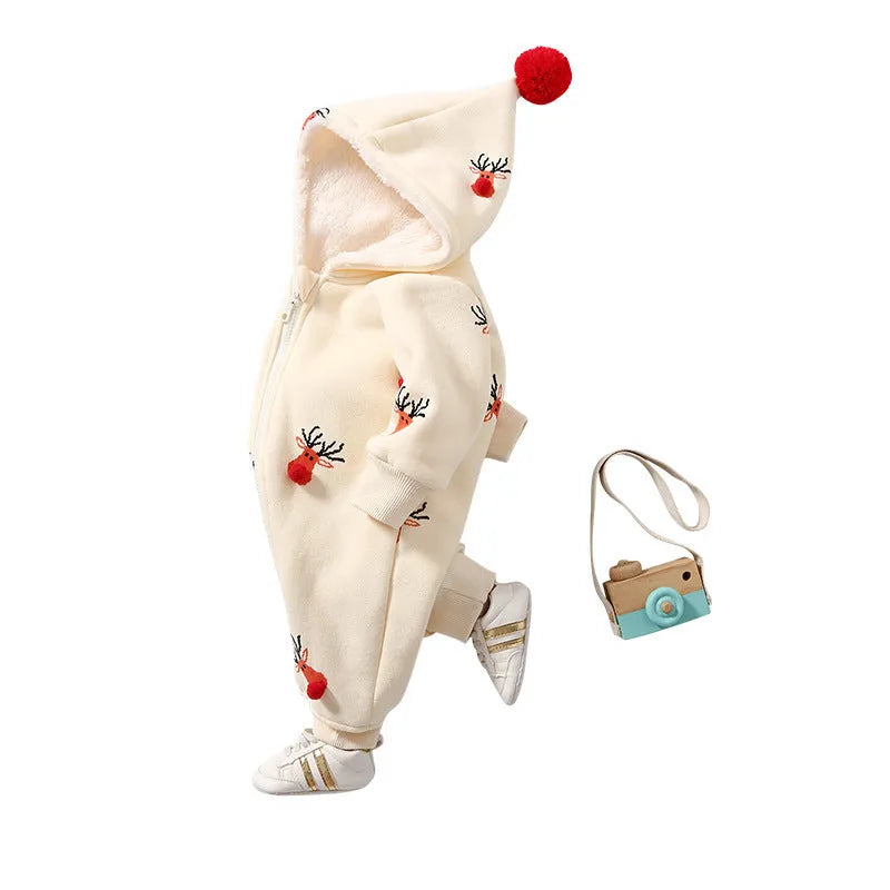Khaki padded baby crawling clothes with Christmas moose pattern, Korean style one-piece romper