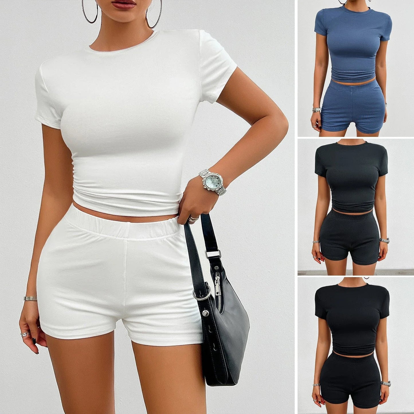 Sleek and stylish women's sports outfit featuring a short-sleeved top and elastic shorts in a variety of trendy colors