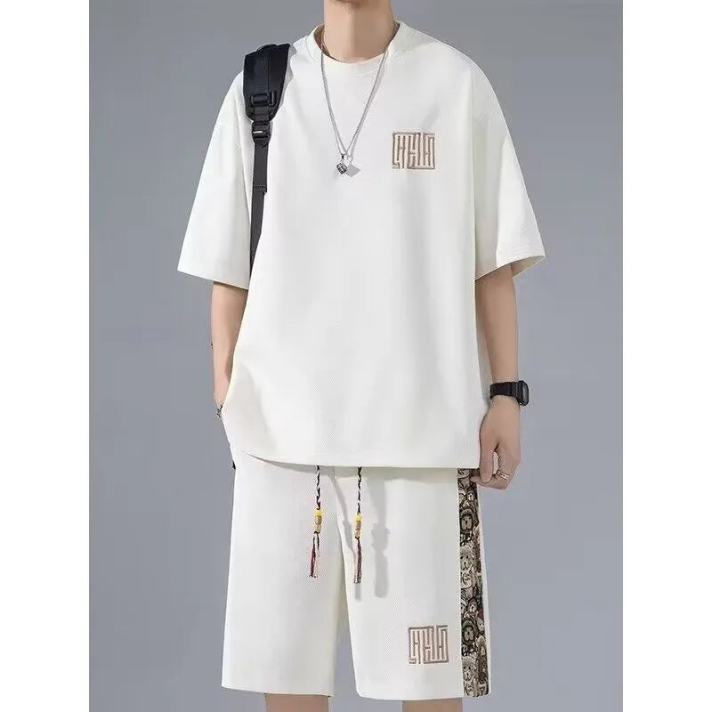 Waffle embroidery short sleeve two-piece set in apricot with matching shorts