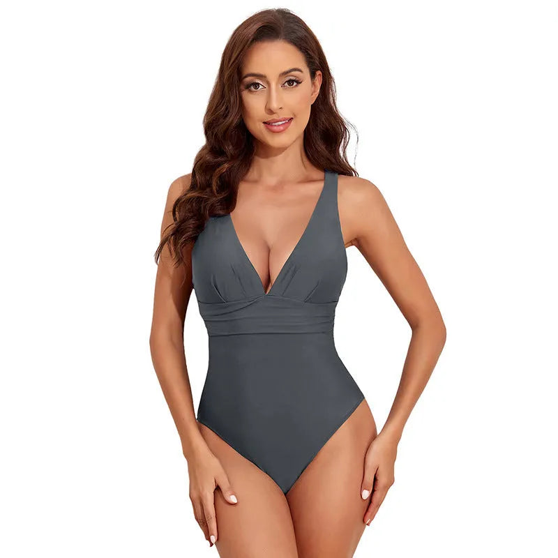 Women's minimalist cross shoulder one-piece swimsuit in solid colour nylon