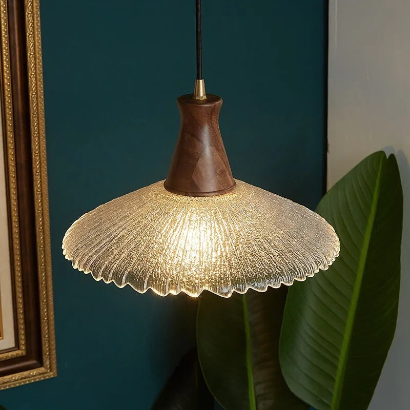 Retro wooden chandelier with brass electroplated finish and glass shade in three size options