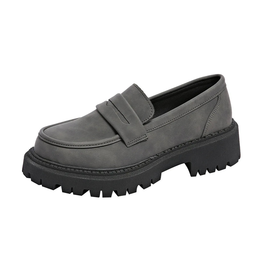 Grey low heel slip-on loafers with metal thick heel and waterproof platform, mid heel 3-5cm, side view