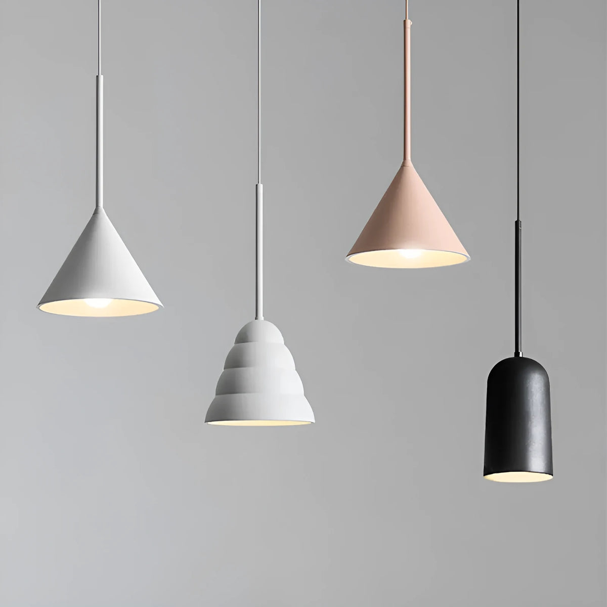 Retro creative hanging line chandelier in white with monochrome warm light, for living room or dining room use.