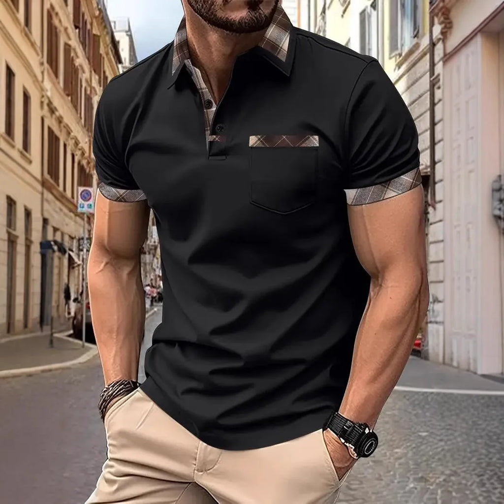 Men's loose fit short sleeve T-shirt with plaid colourblock pattern and zipper detail in multiple colour options