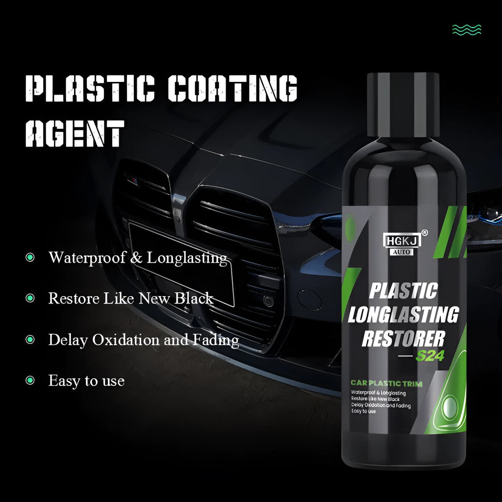 HGKJ-AUTO-S24 plastic refurbishment coating for automotive trim in 50ml, 100ml, and 300ml bottles with sponge applicator