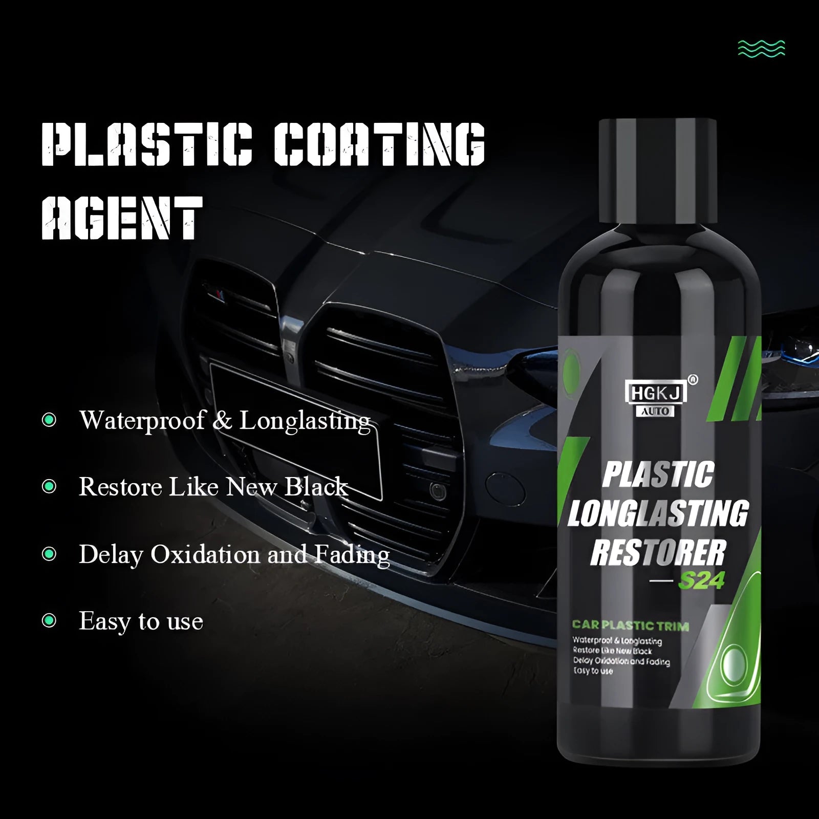 HGKJ-AUTO-S24 plastic refurbishment coating for automotive trim in 50ml, 100ml, and 300ml bottles with sponge applicator