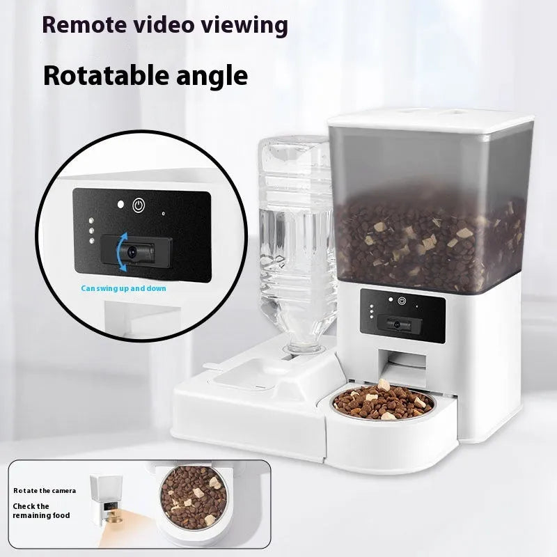 Pet intelligent feeder with stainless steel bowl showing four model options with video and voice calling features