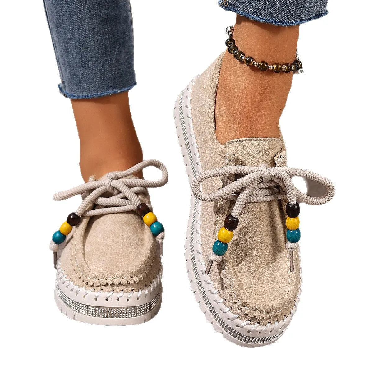 Retro full-covered thick-soled women's flats in beige suede with lace-up closure