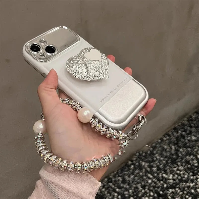 Silver white Korean style TPU phone case with electroplated love bracket for iPhone 14 Pro Max