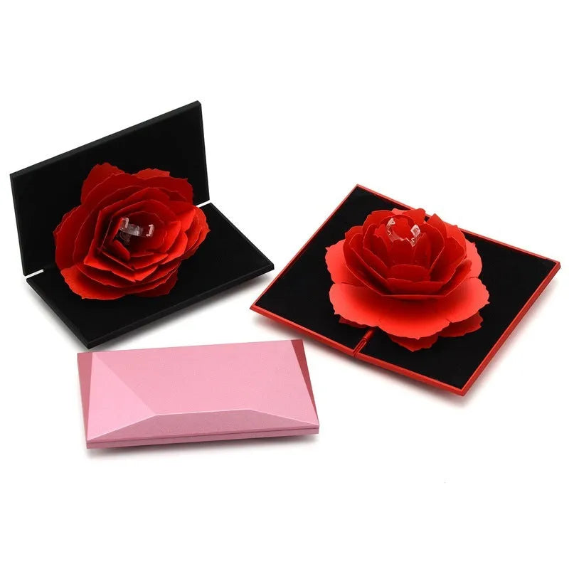 Red heart-shaped rotating ring box with 3D love design and rose decoration for jewellery packaging