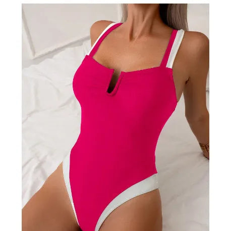 Women's deep V-neck bikini swimsuit in black or rose red, showing European/American sizing.
