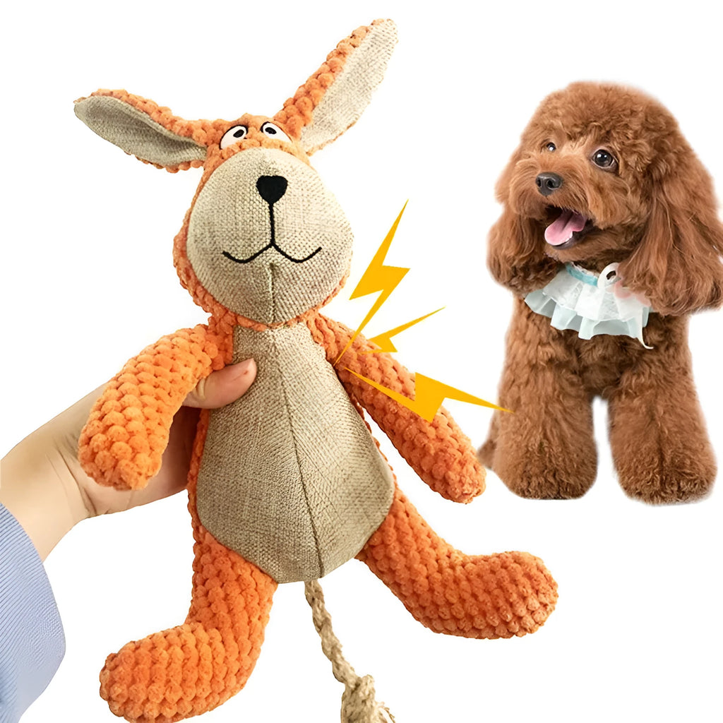 Soft plush dog chew toy in animal shape with internal squeaker for teeth cleaning and play.