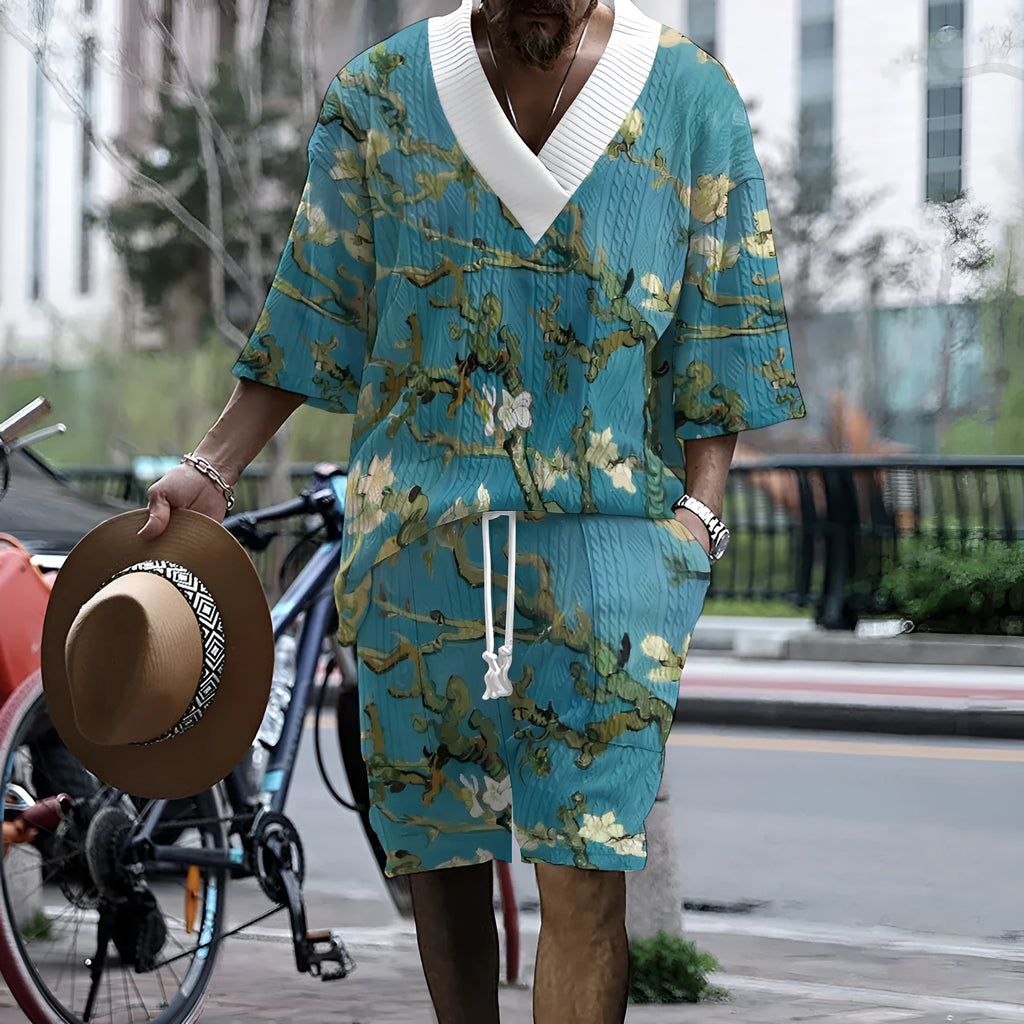 Men's peacock blue knitted shorts casual suit with T-shirt and mid-length trousers