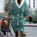 Men's peacock blue knitted shorts casual suit with T-shirt and mid-length trousers