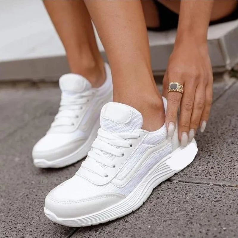Lace-up sports style low-top shoes for women, rubber sole, mesh lining, mid-top, available in white black pink