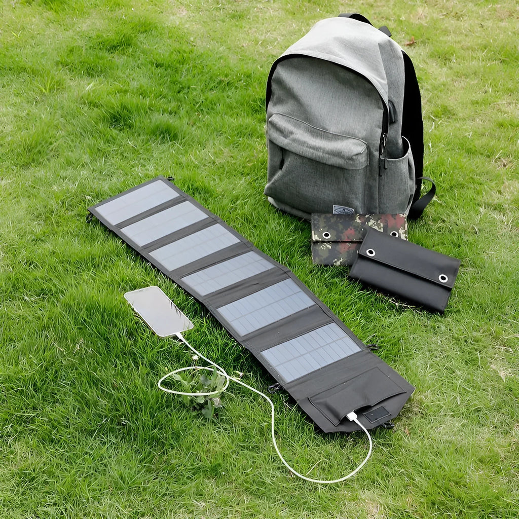 Monocrystalline solar charging board panel portable outdoor power bank charger in black with foldable design