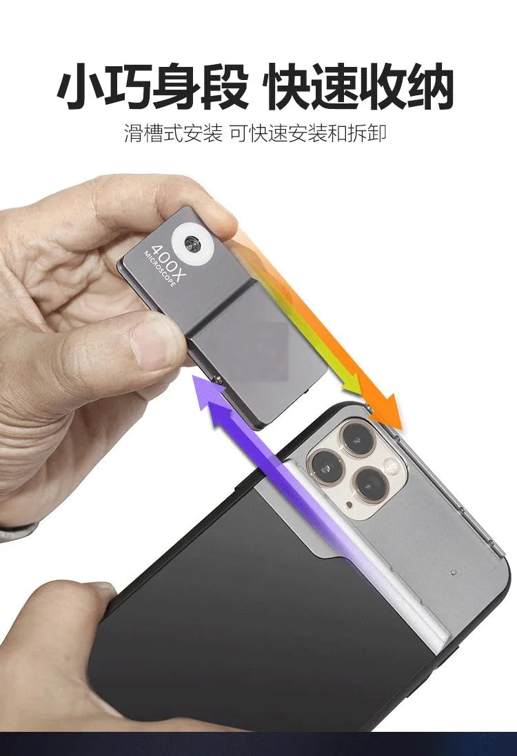 Black and silver 400X mobile phone microscope lens with aluminum alloy TPU case for iPhone.
