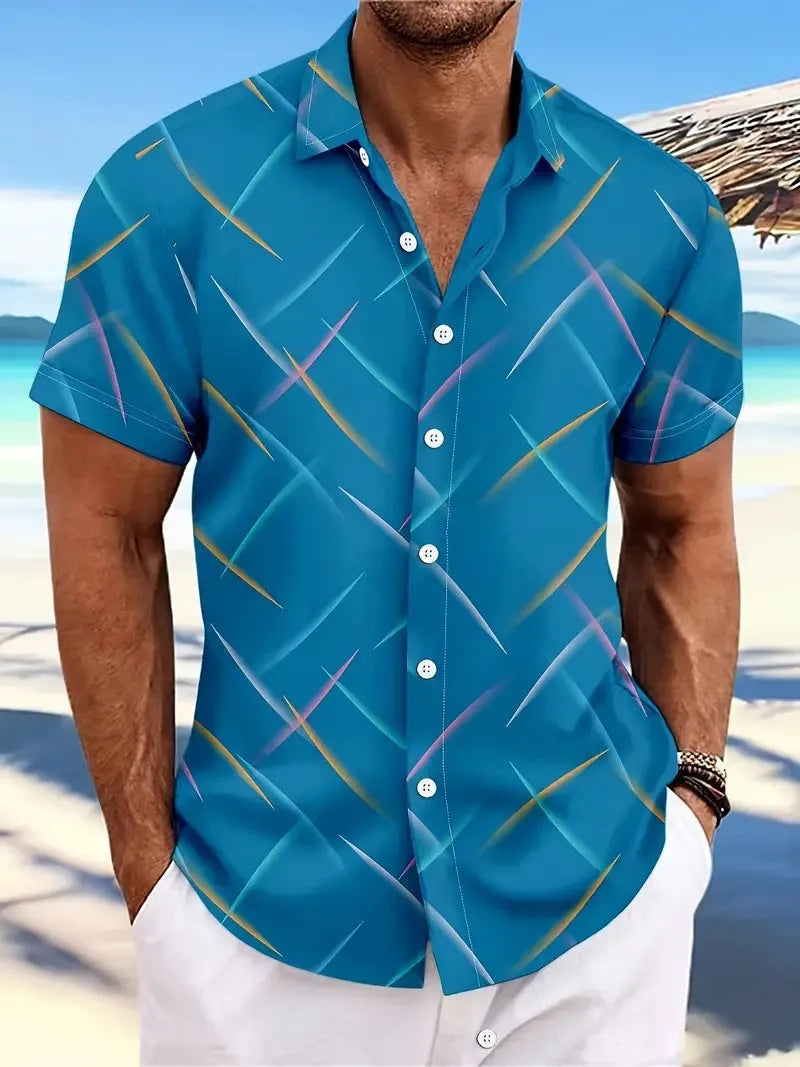 Summer men's striped feather beach short sleeve button shirt in loose cardigan style polyester fabric