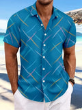 Summer men's striped feather beach short sleeve button shirt in loose cardigan style polyester fabric