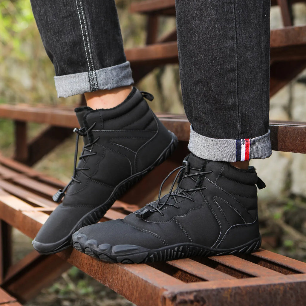 Waterproof five-finger fleece-lined snow boots with a rubber outsole in beige, black, grey, or wine red.