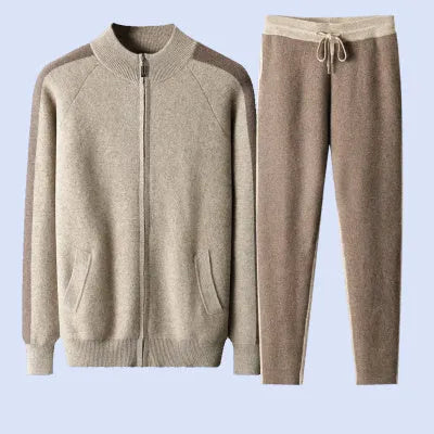 Men's navy blue cashmere blend sports cardigan suit with trousers for winter