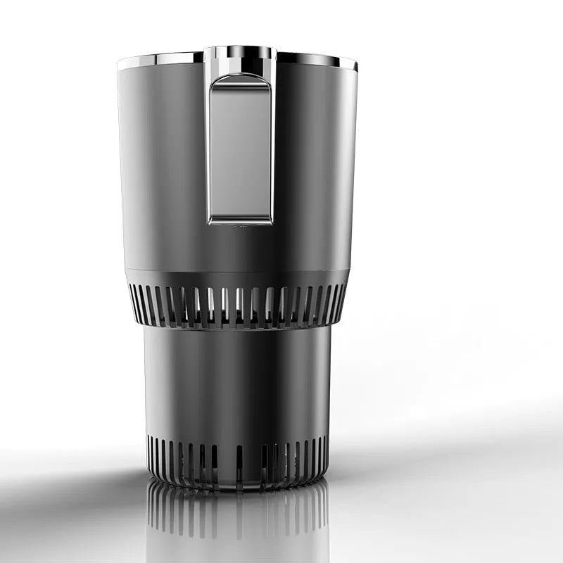 Black 12V car heating and cooling cup with digital temperature display in vehicle cup holder
