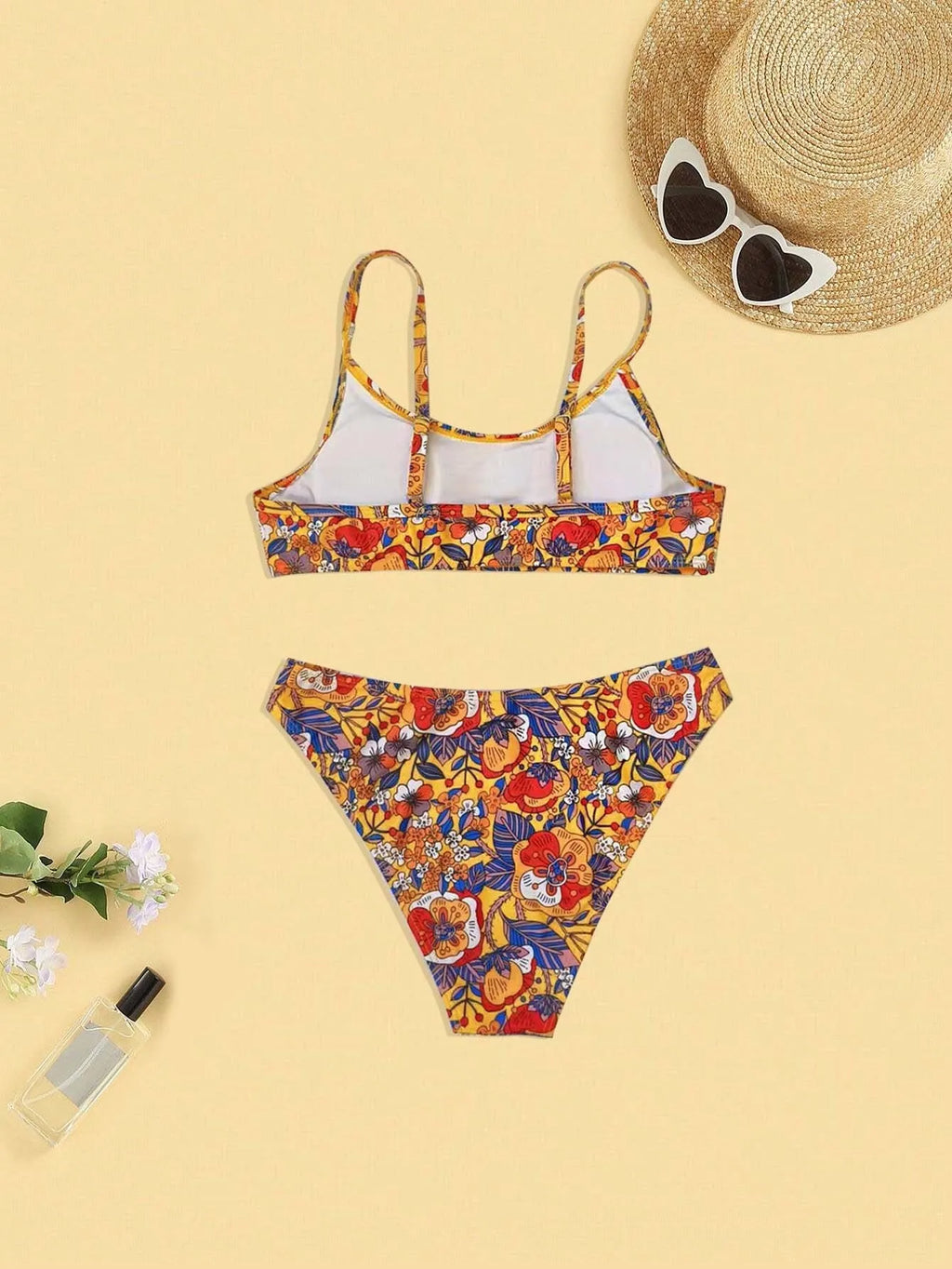 Plus size women's floral print strap bikini swimsuit set with bra and briefs