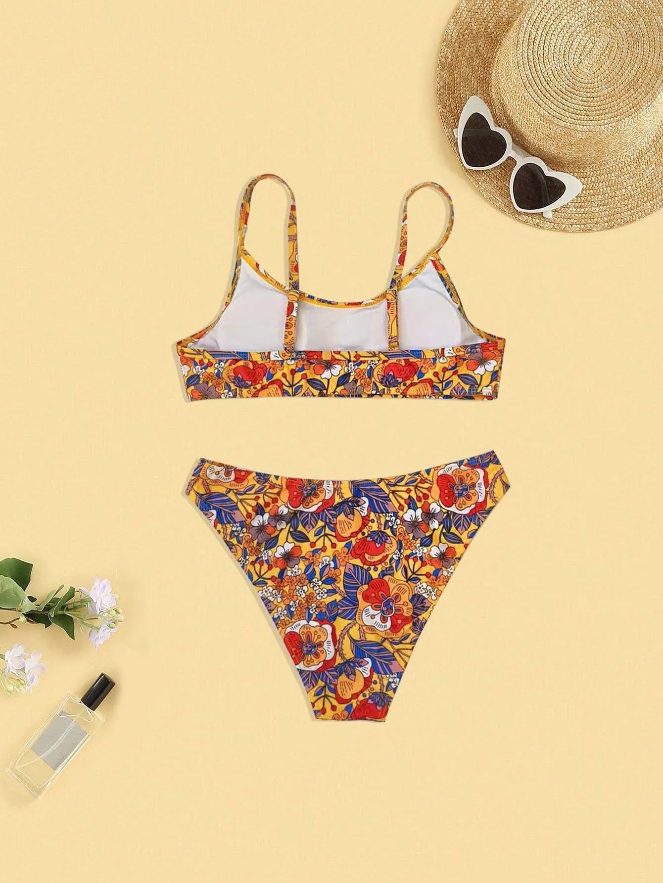 Plus size women's floral print strap bikini swimsuit set with bra and briefs