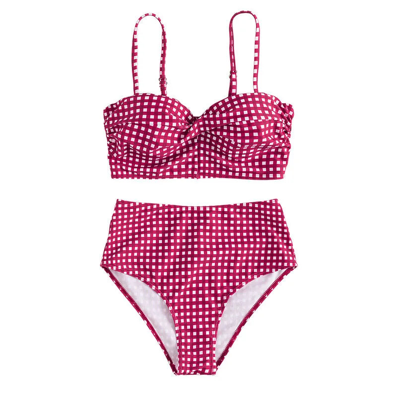 Women's plaid high-waisted bikini swimsuit set in rose red, shown with matching top and briefs.