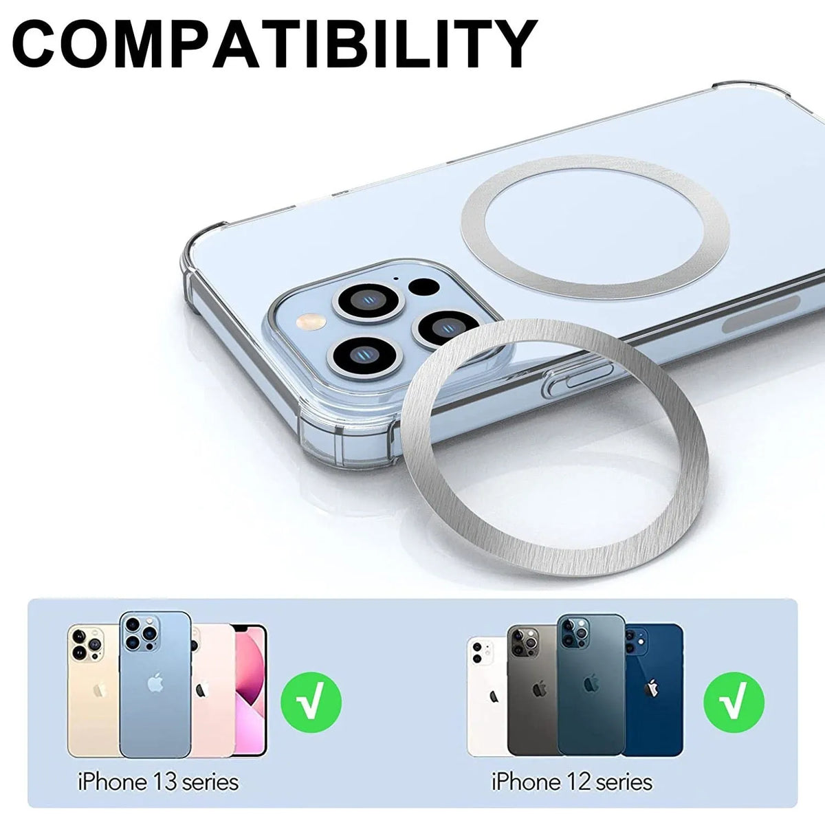 Universal alloy magnetic ring for wireless charger in silver, black, laser carving C ring, and laser carving O ring
