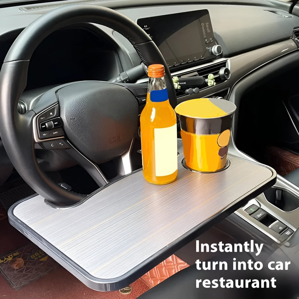 Multi-functional black ABS car steering wheel tray with foldable drink cup holder serving as a laptop stand.