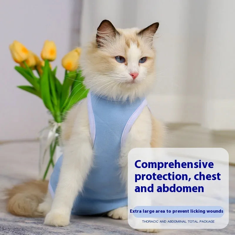 Blue cotton pet sterilization suit for cat or dog recovery with adjustable scarf