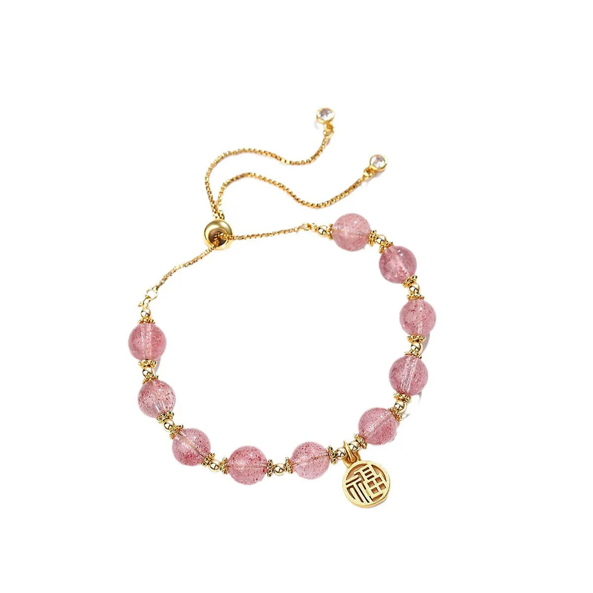 Women's Strawberry Quartz crystal bracelet with geometric design and Fu character, electroplated metallic finish