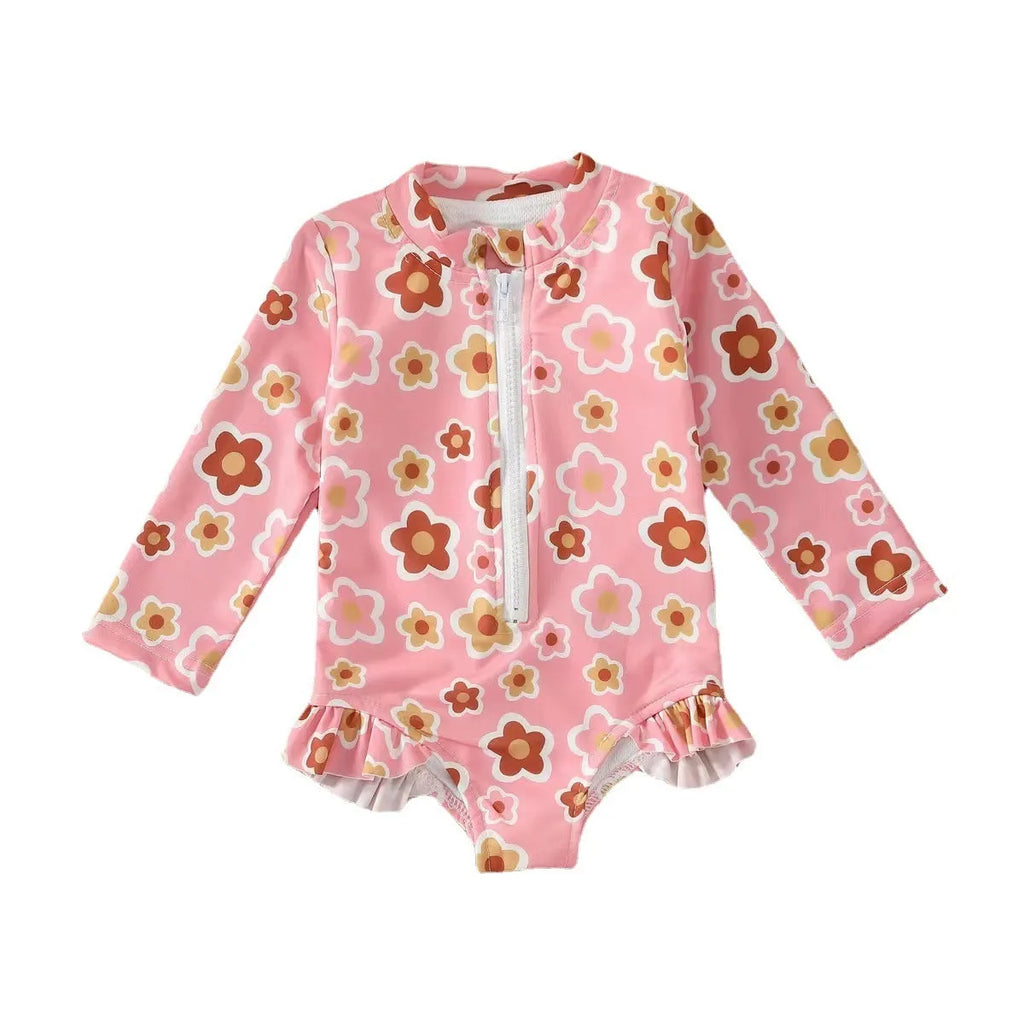 Girls' floral zipper romper swimsuit in pink with front zipper and brief-style bottom