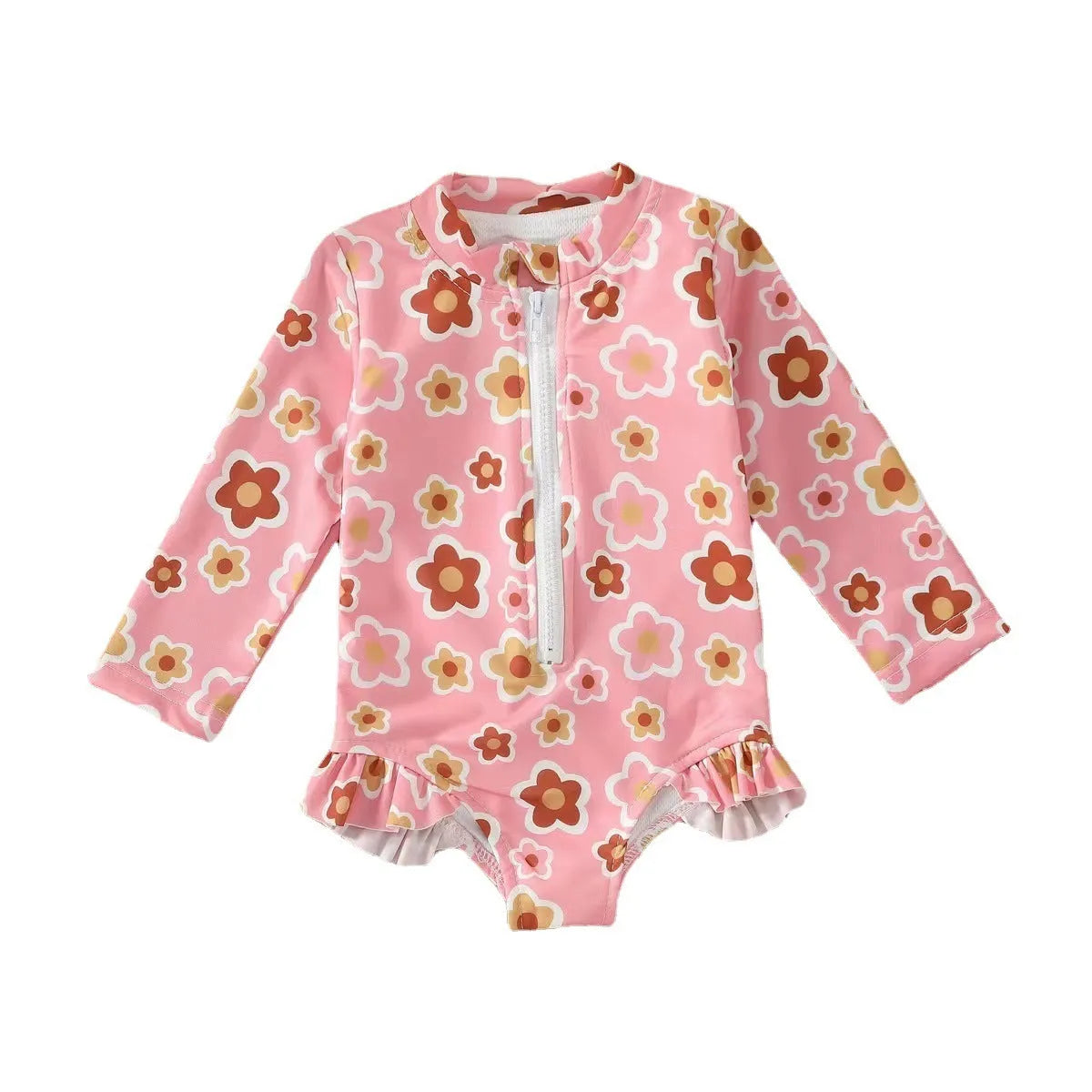 Girls' floral zipper romper swimsuit in pink with front zipper and brief-style bottom